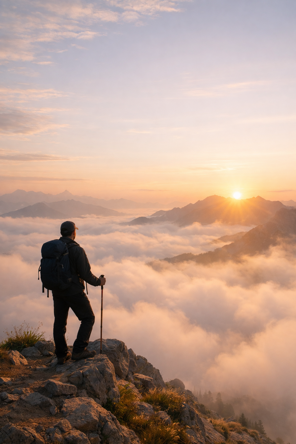 A hiker with a backpack and trekking pole standing on rocky terrain, overlooking a mountain range and sea of clouds during sunrise.