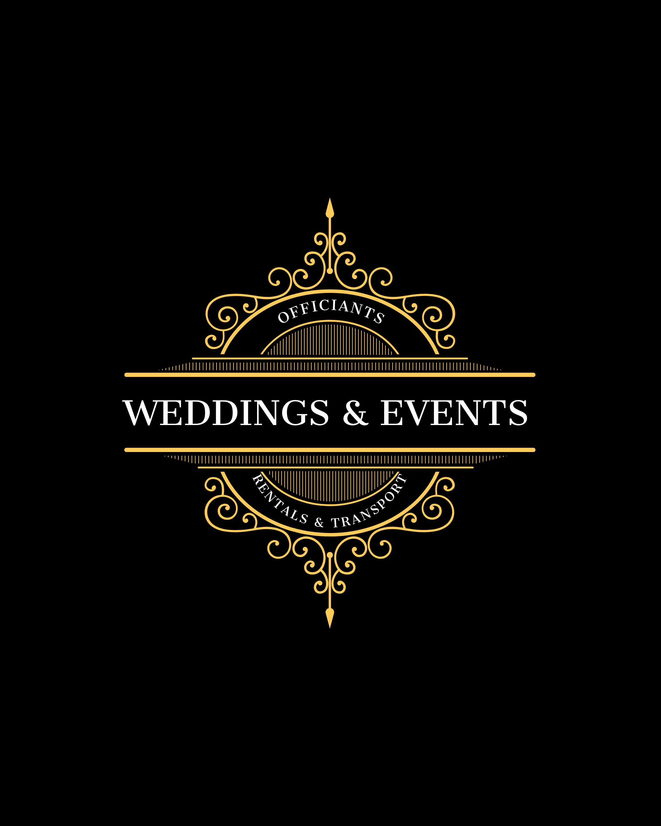 Black background with gold decorative emblem at the top and bottom. The top emblem features the text 'OFFICANTS' in the center, with an ornate gold design. The bottom emblem contains the words 'RENTALS & TRANSPORT' and 'WEDDINGS & EVENTS' separated by a thin gold line, also adorned with intricate gold flourishes.