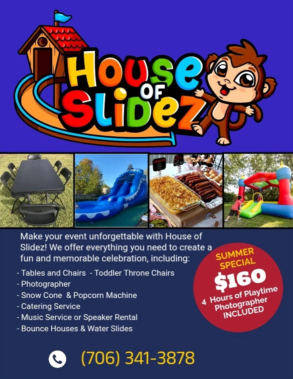 House of Slidez summer event rental with images of outdoor furniture, water slide, food, and bounce house, and a contact number. Throne Chairs