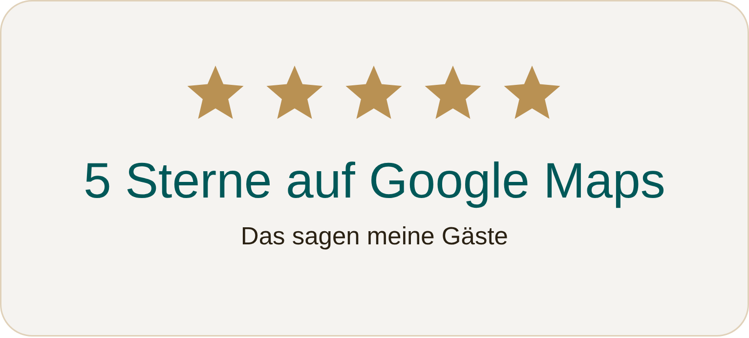 Fünf goldene Sterne und der Text '5 Sterne auf Google Maps. Das sagen meine Gäste'.