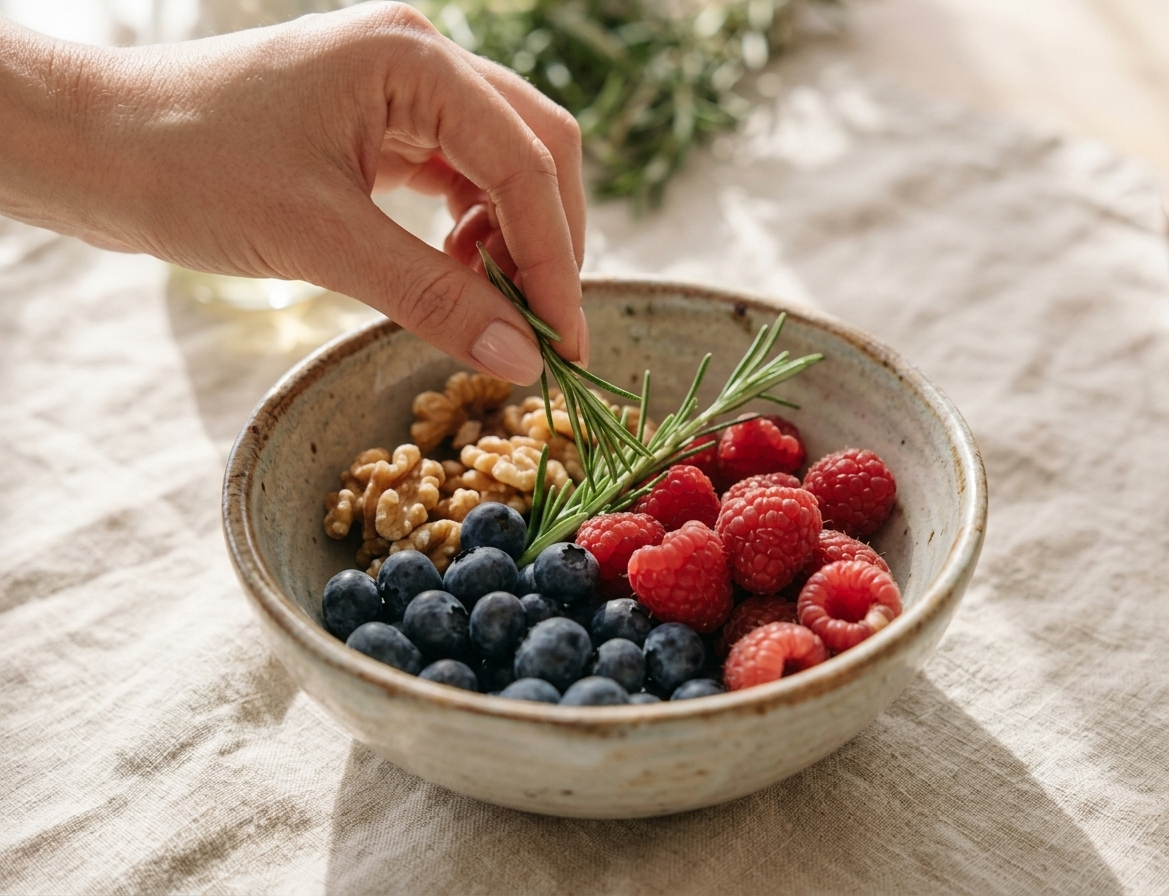 Hand legt frische Himbeeren, Heidelbeeren, Walnüsse und einen Zweig Rosmarin in eine Keramikschüssel auf einem weißen Tuch.