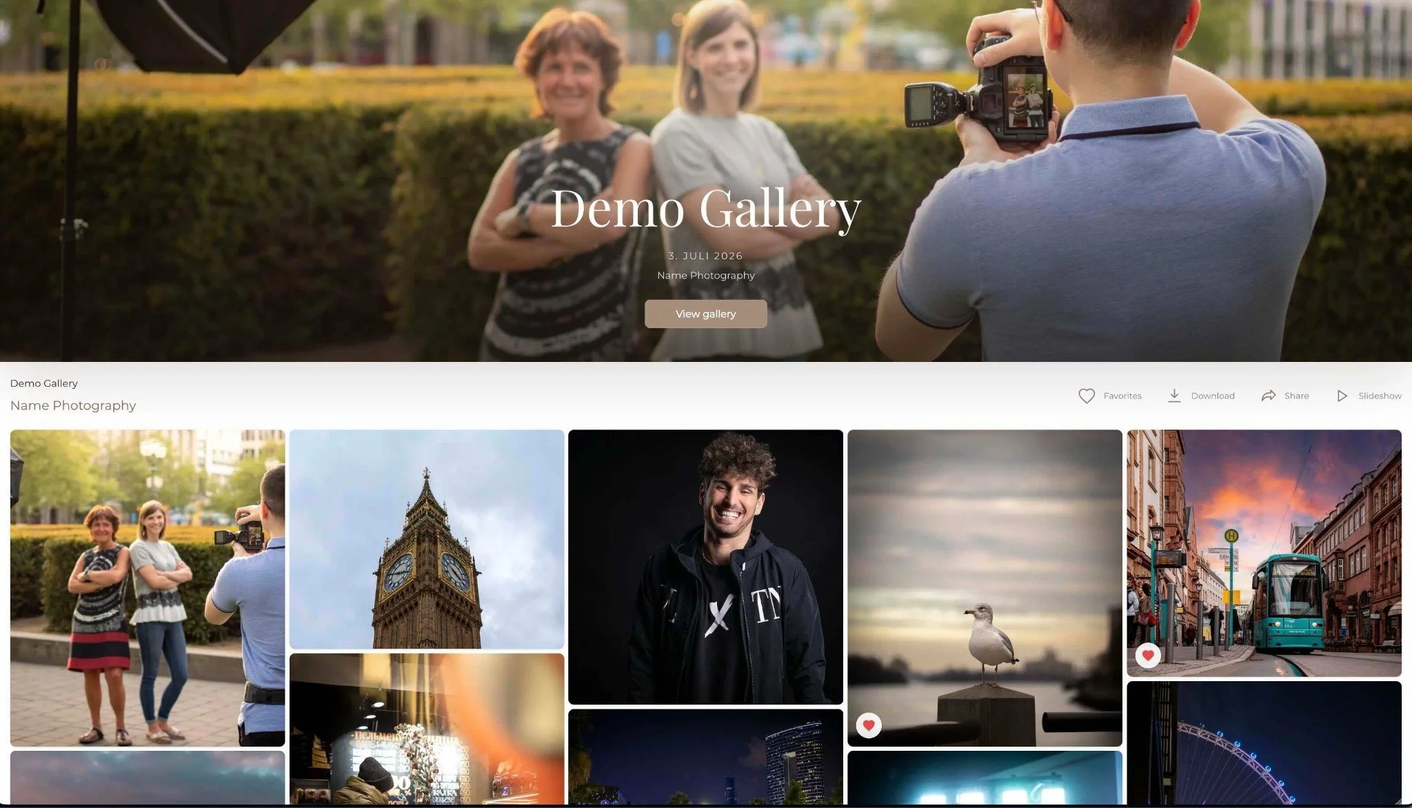 GalleryDocks demogalleri med fotografier och funktioner för favoriter och nedladdning.