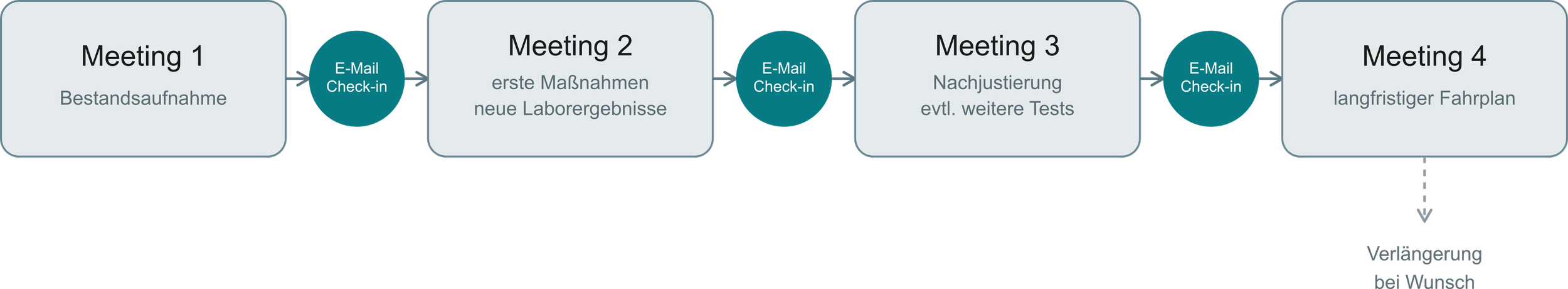 Ein Ablaufdiagramm eines Meetings mit mehreren Sitzungen, E-Mail-Check-in, Maßnahmen, Tests und langfristigem Fahrplan.