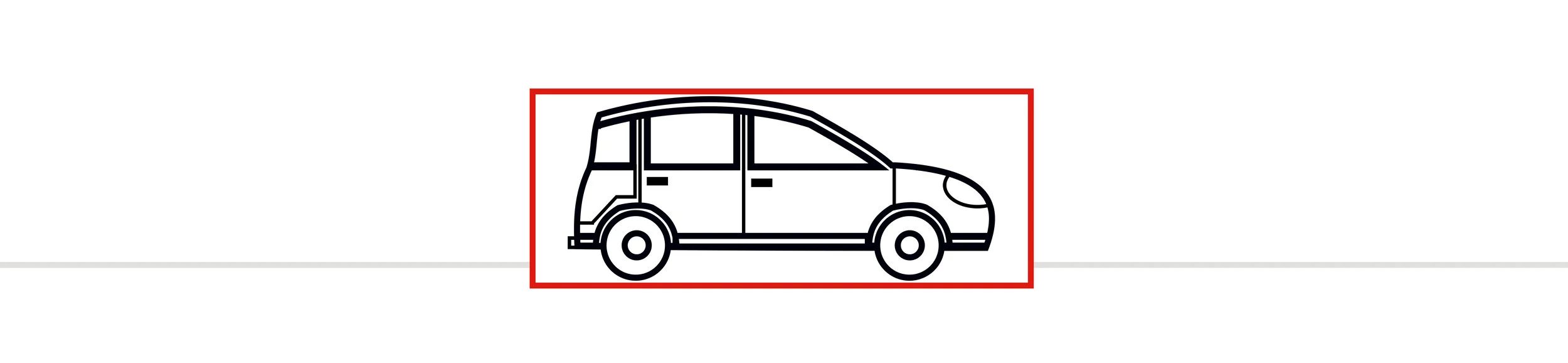 Line drawing of a small, four-door hatchback car with a curved roofline.