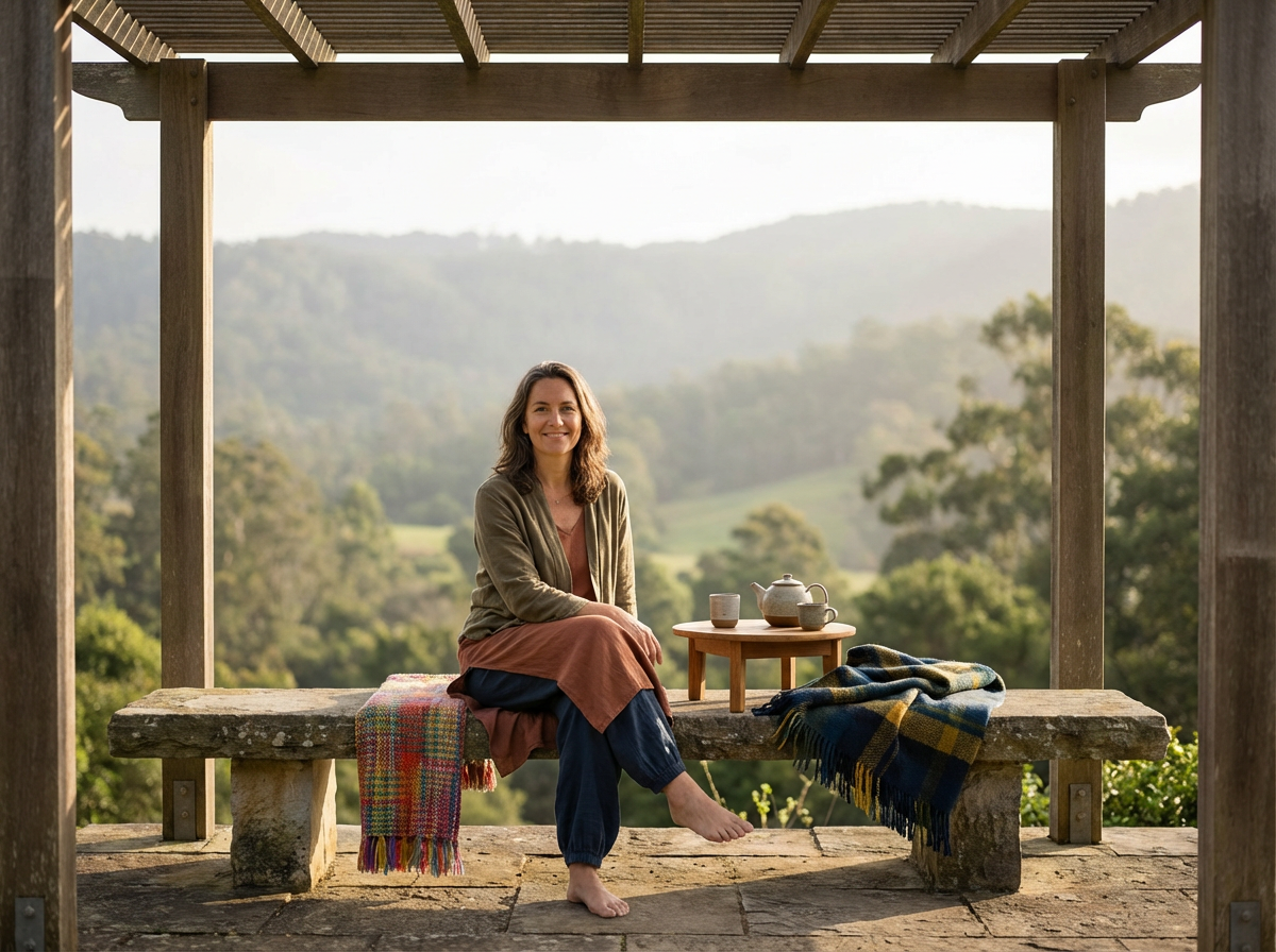 A woman sitting on a stone bench under a wooden pergola, with a scenic view of green hills and trees in the background. There is a small wooden table with a teapot and cups, and blankets are draped over the bench.