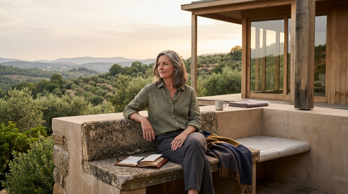 A woman sitting on a stone bench outside a house, looking at the scenic landscape with rolling hills and greenery during sunset, with an open book, coffee mug, and a folded blanket nearby.