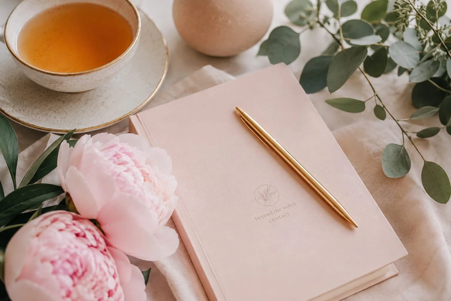 A pink notebook with a gold pen on top, surrounded by pink peony flowers and green leafy branches, with a cup of tea on a white saucer and a beige vase nearby.