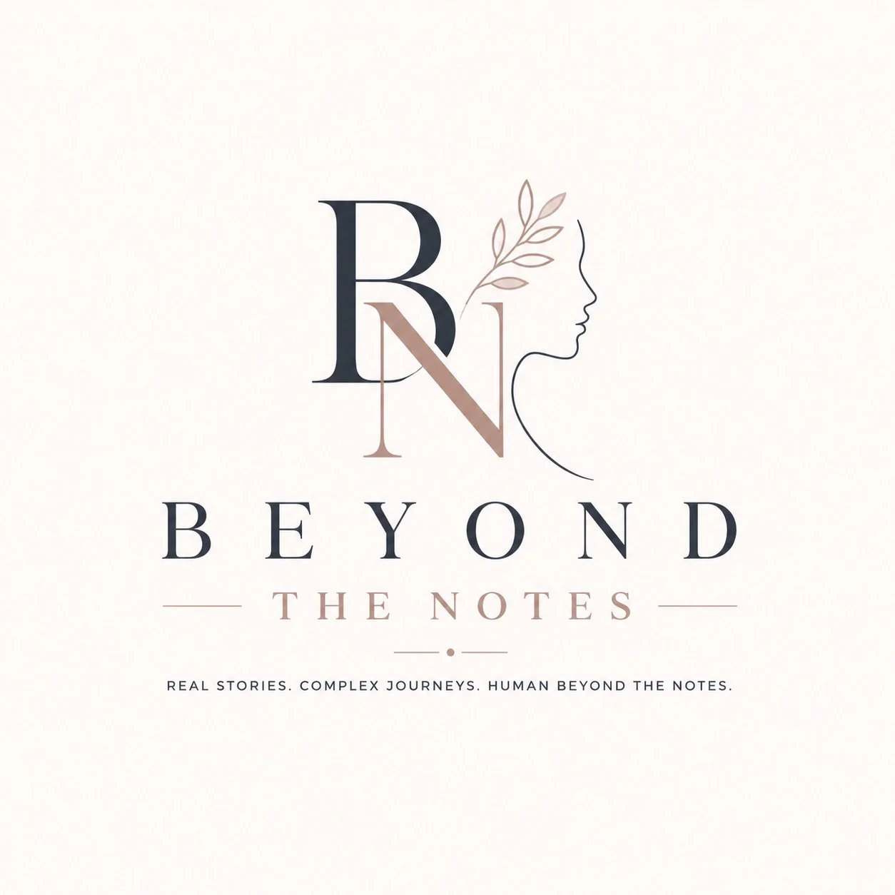 Logo for Beyond the Notes with a stylized outline of a woman's face and branch, featuring the initials B, R, and N.