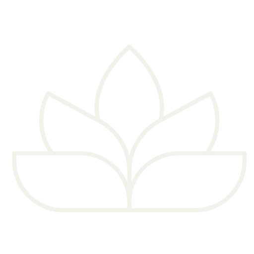 Icono de una flor con varias hojas en línea blanca sobre fondo negro.
