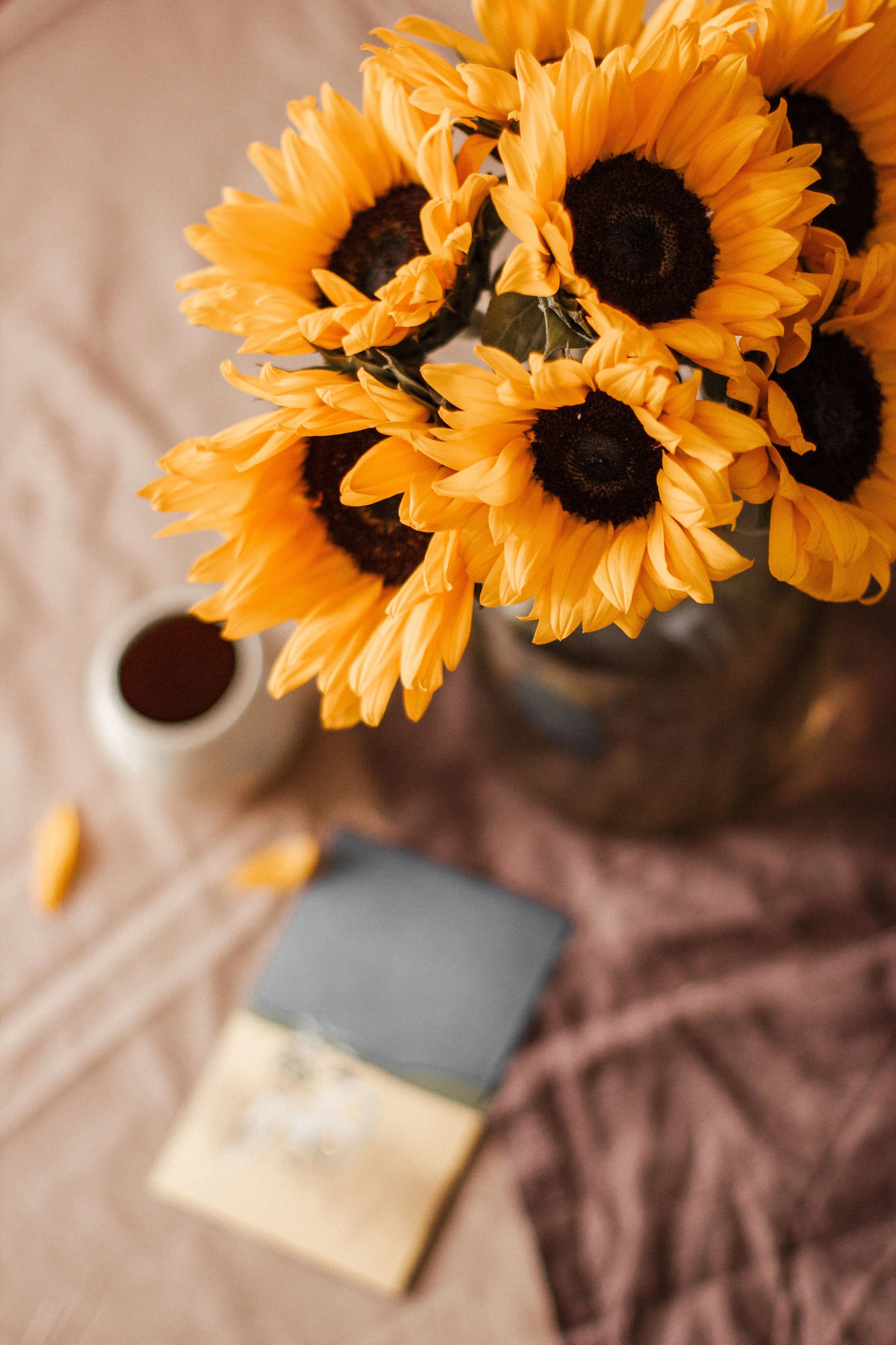 Ramo de girasoles con pétalos amarillos y centros oscuros, colocado sobre una mesa junto a una taza blanca