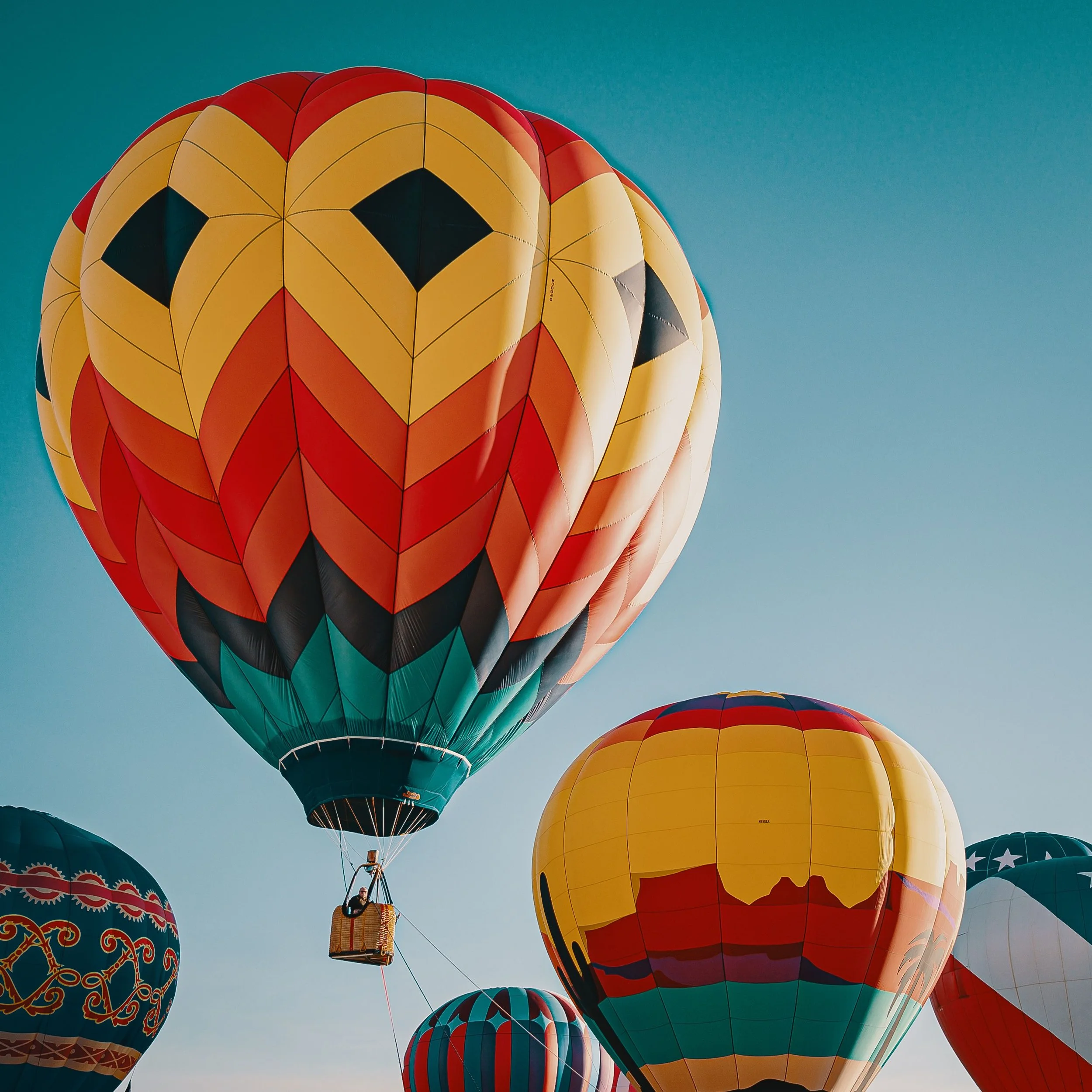 Colorful hot air balloons flying in clear blue sky, with one basket with a person in it.