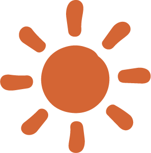 Stylized orange sun with a central circle and nine surrounding rays.