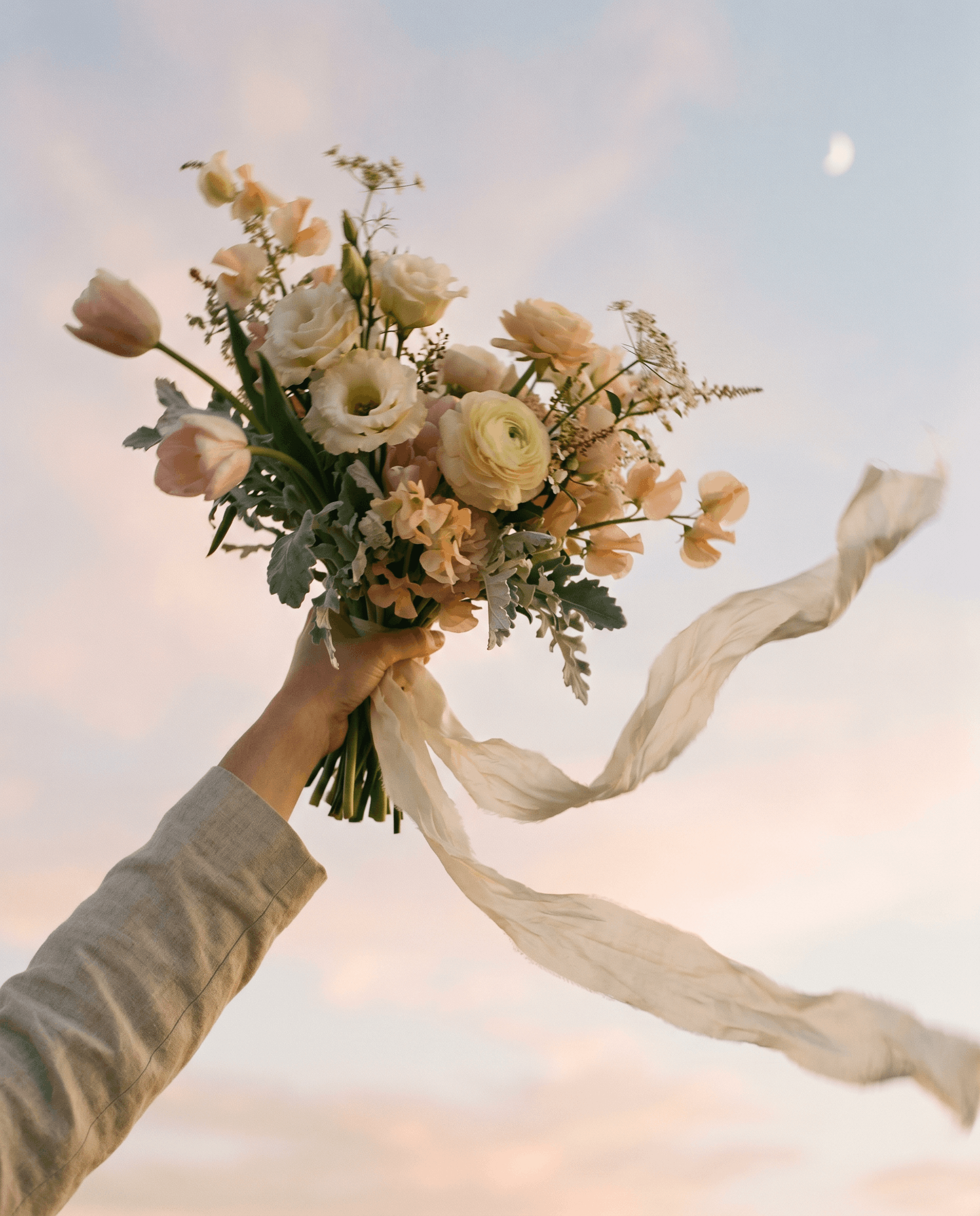A person holding a bouquet of white and pastel flowers against a sky with a visible moon.