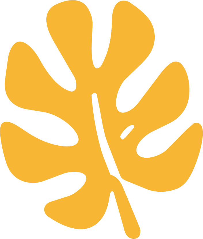 Yellow stylized illustration of a monstera leaf with multiple lobes.