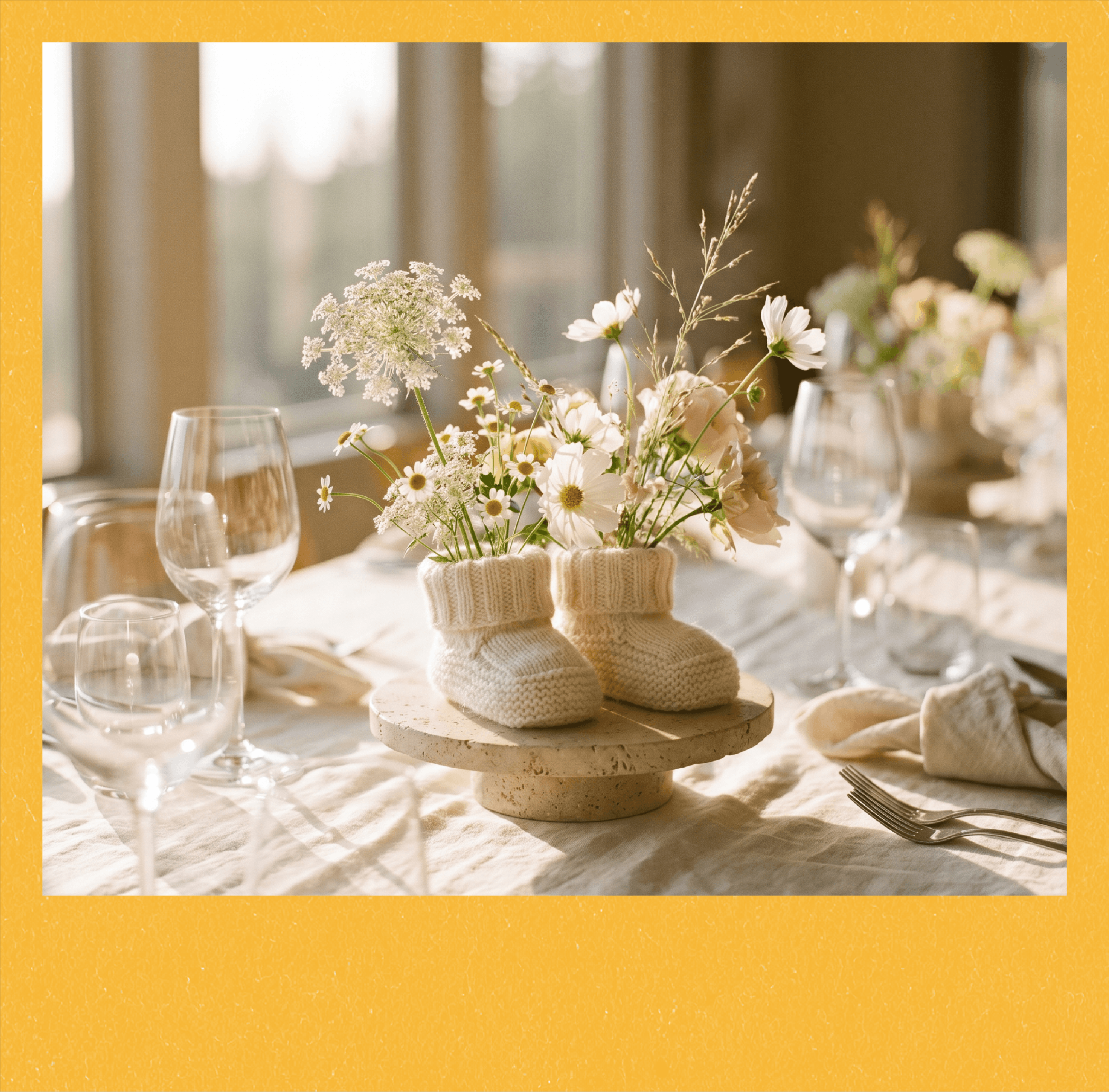 Close-up of a table centerpiece with white and green flowers in a knitted white basket on a round stone pedestal, set in soft lighting with empty wine glasses and a gold-colored tablecloth.