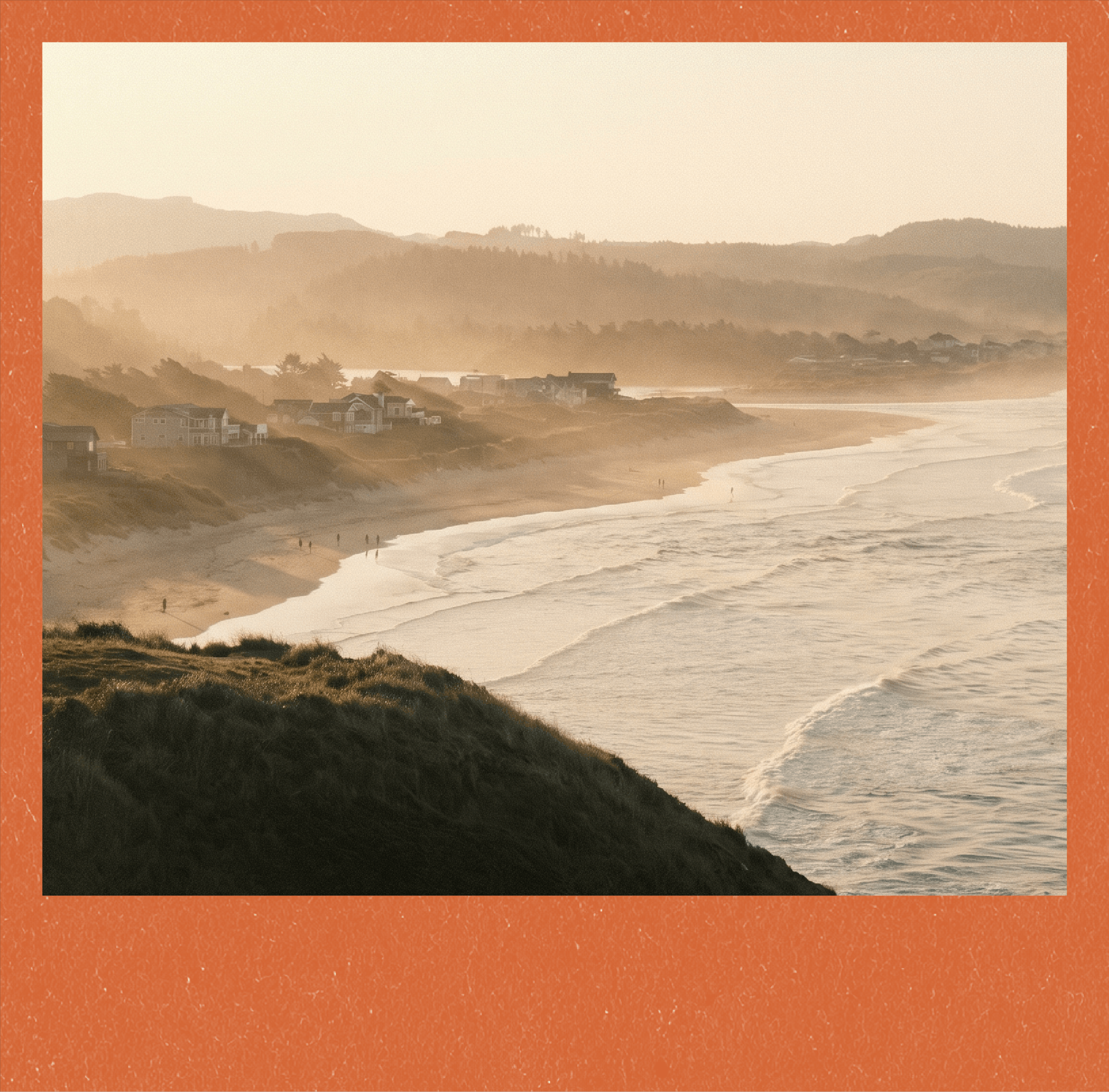 A watercolor landscape of a coastal scene at sunset with houses on the hills and a shoreline with walking people.