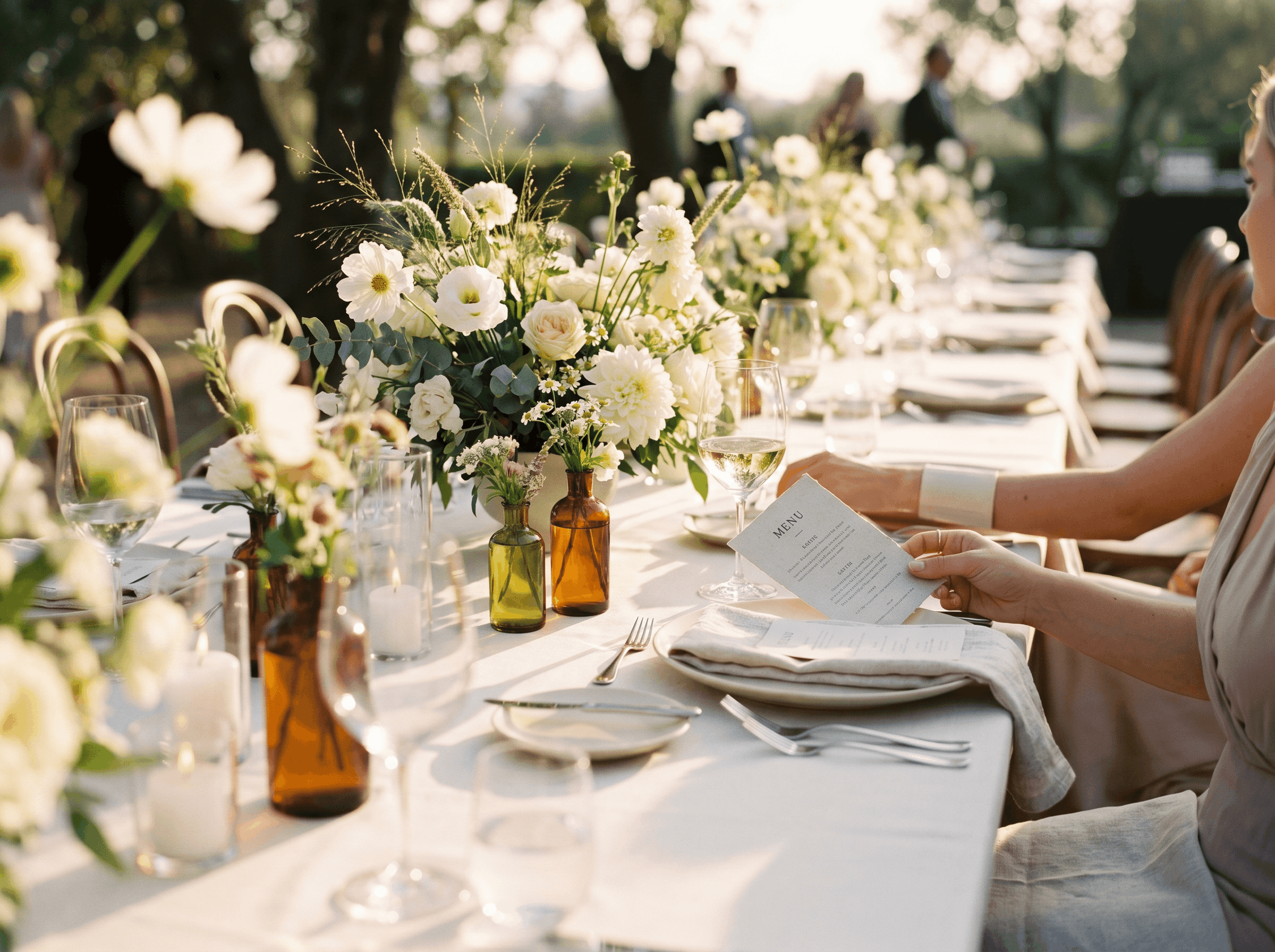 A beautifully set outdoor dining table with white flowers and green foliage centerpieces, glassware, and place settings, during a sunset or late afternoon event.