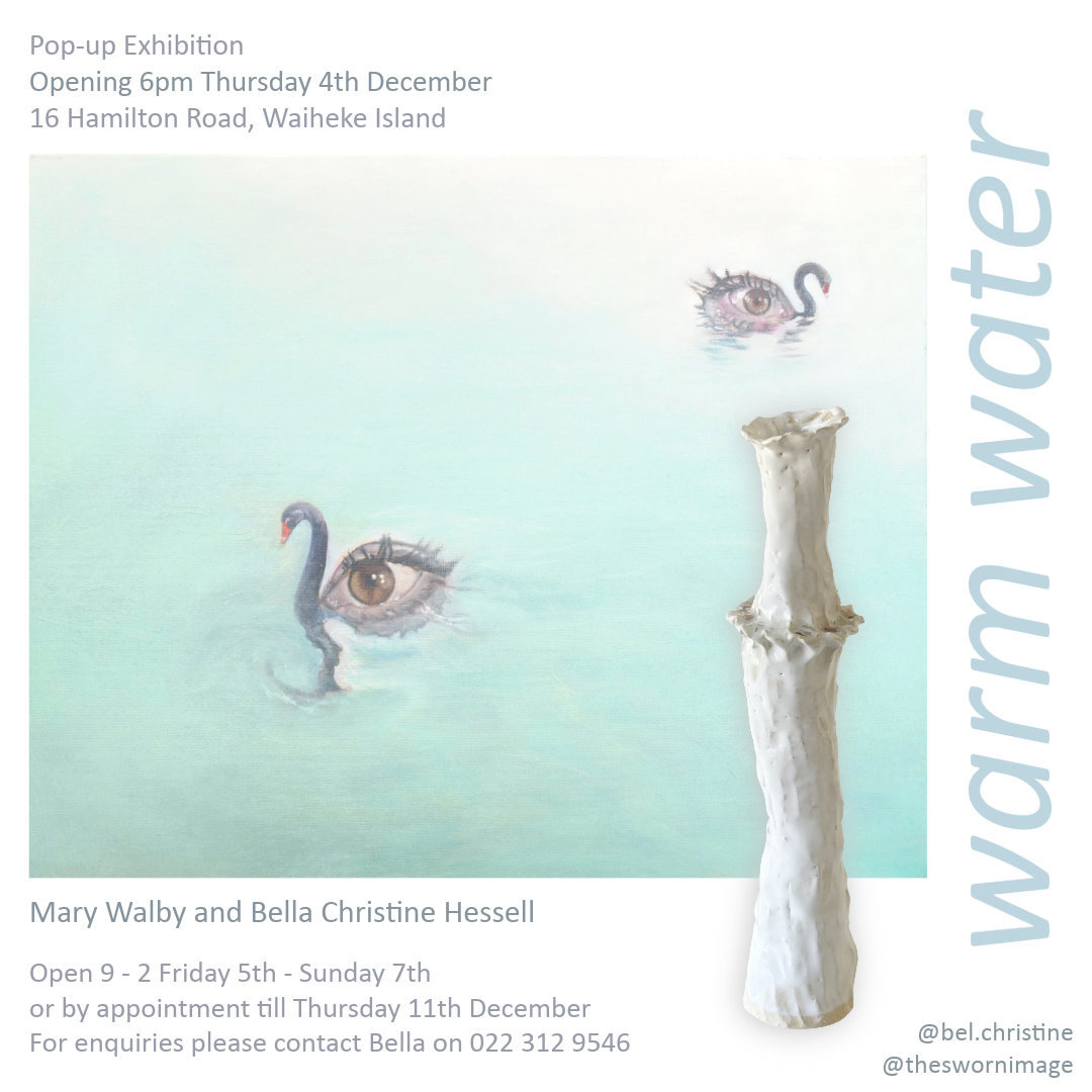 Poster for an art exhibition featuring a surreal painting with two swan-like creatures with human eyes, and a tall horn-shaped sculpture in front of the painting.