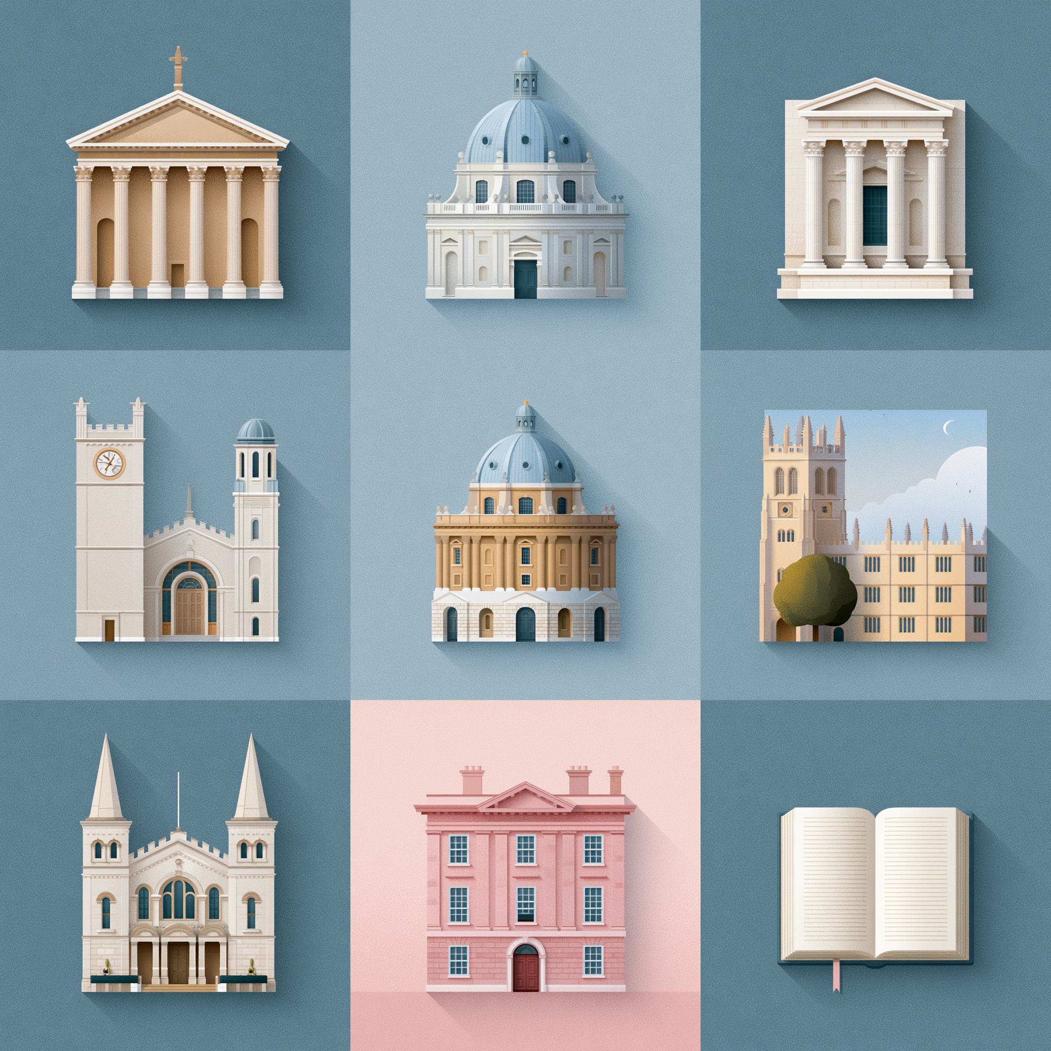 Illustrated collection of university buildings, academic landmarks, and an open book representing education.