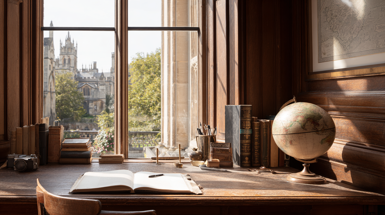 Books, writing tools, and study materials arranged on a windowsill in a historic academic library.