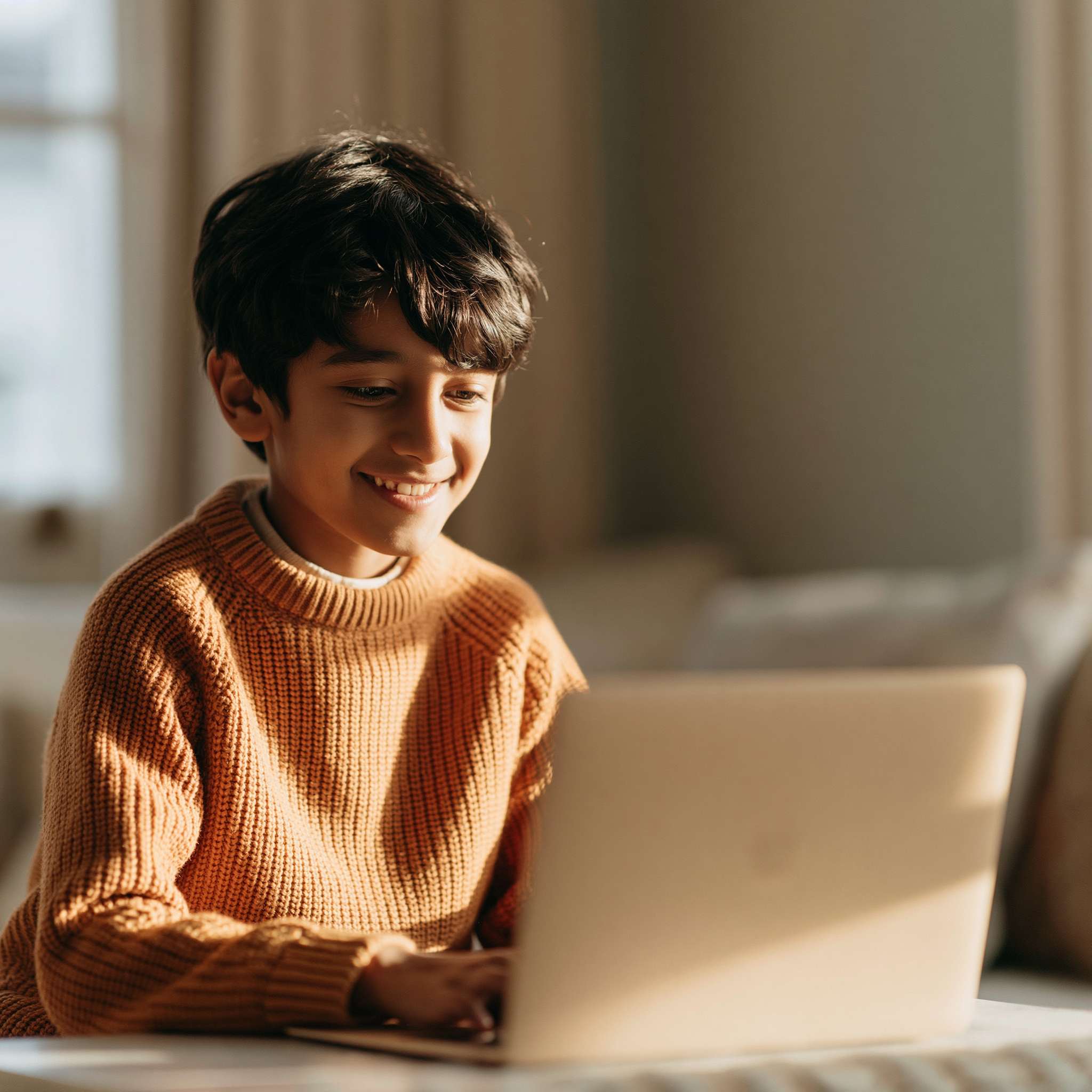 Young student smiling while completing online schoolwork on a laptop.