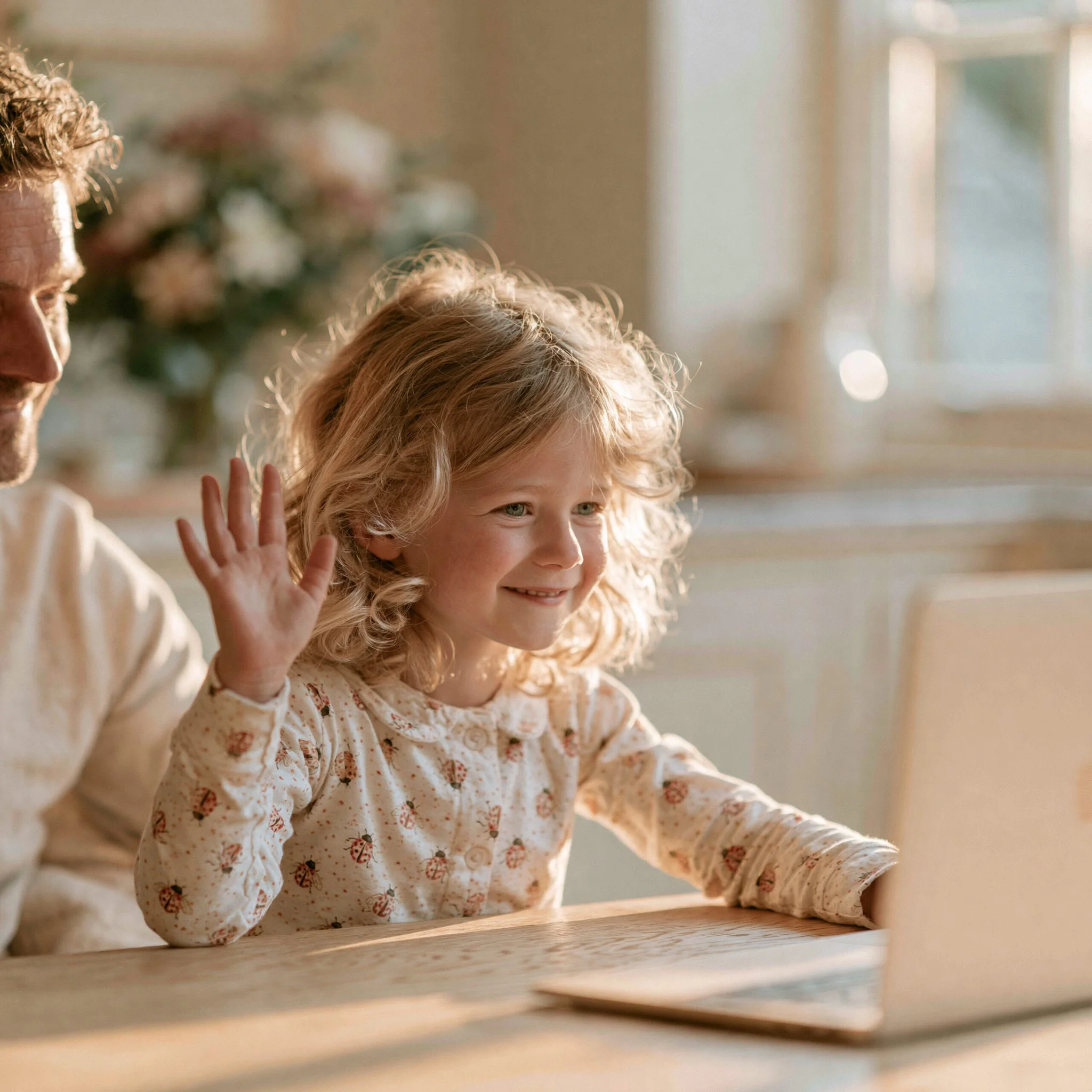 Young child waving during a virtual class while using a laptop at home.