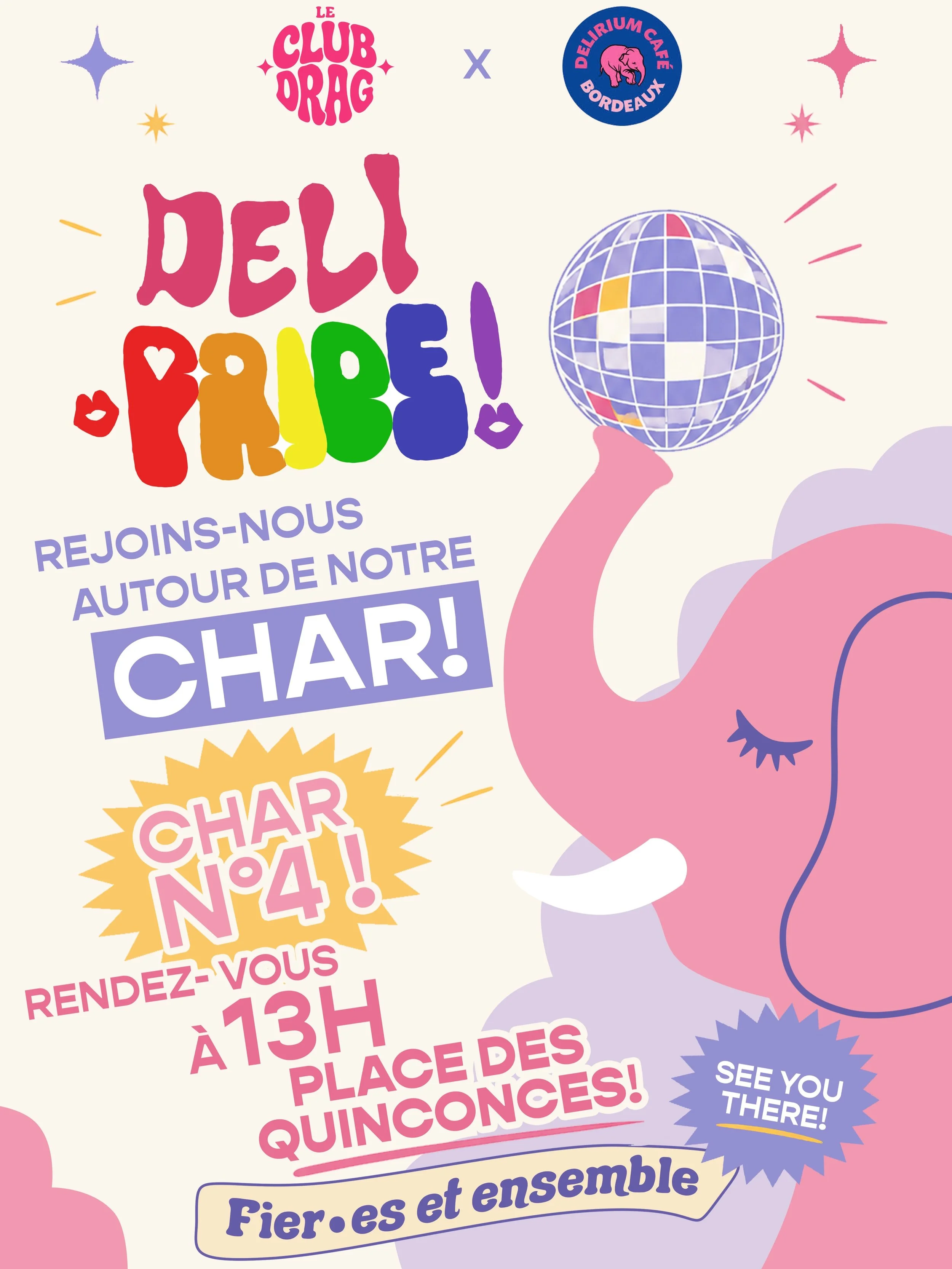 🌈✨ Fier&bull;es et ensemble! ✨🌈

Le 30 mai, rejoignez le char de ✨ @leclubdrag ✨ x ✨ @deliriumcafebordeaux ✨ pour les 30 ans de la Pride de Bordeaux ! 💖

📍 Rendez-vous &agrave; 13h &mdash; Place des Quinconces
🎧 DJ set
💋 Drags
🎁 Goodies
🩷 Dre