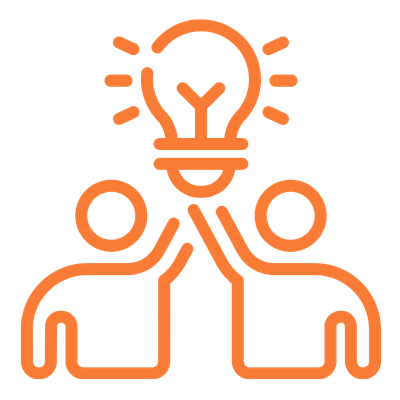 Orange graphic illustration of two people holding a lightbulb together.