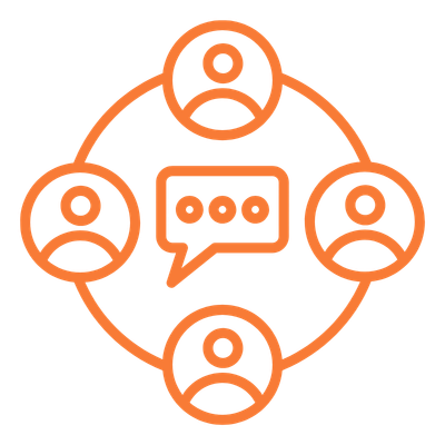 Orange graphic illustration of a network with five people connected around a speech bubble in the middle.