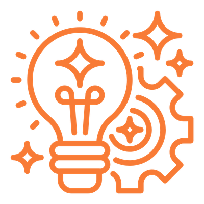 Orange graphic illustration of a light bulb and a gear.