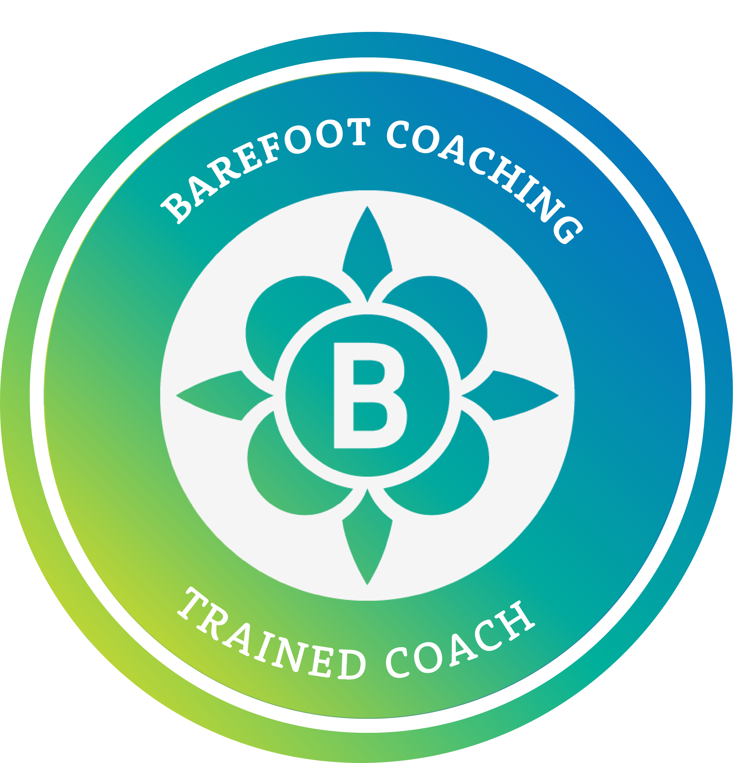 Close-up of a circular badge with text 'Barefoot Coaching' at the top and 'Trained Coach' at the bottom, with a stylized flower or star shape in the center.
