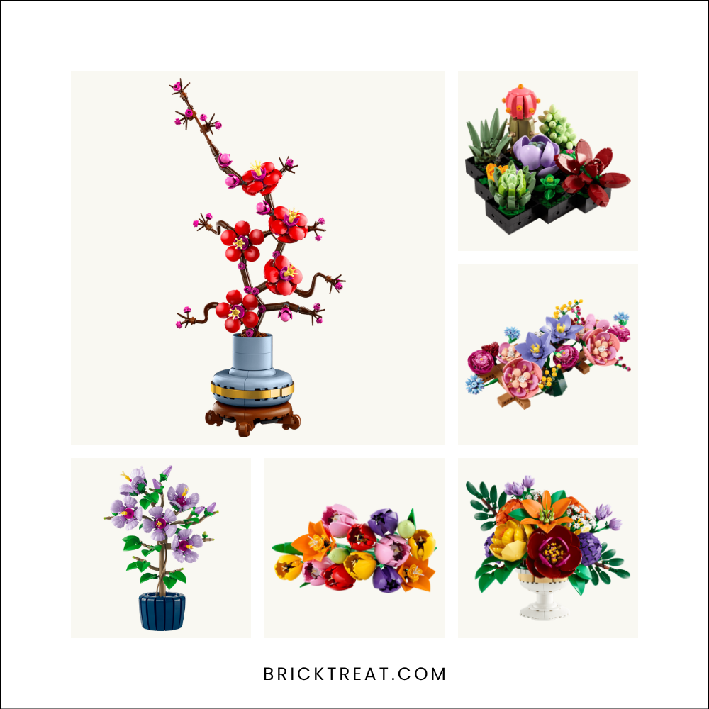 Six LEGO flower sets side by side: Plum Blossom, Succulents, Tulip Bouquet, Hibiscus, Flower Wall and Flower Arrangement