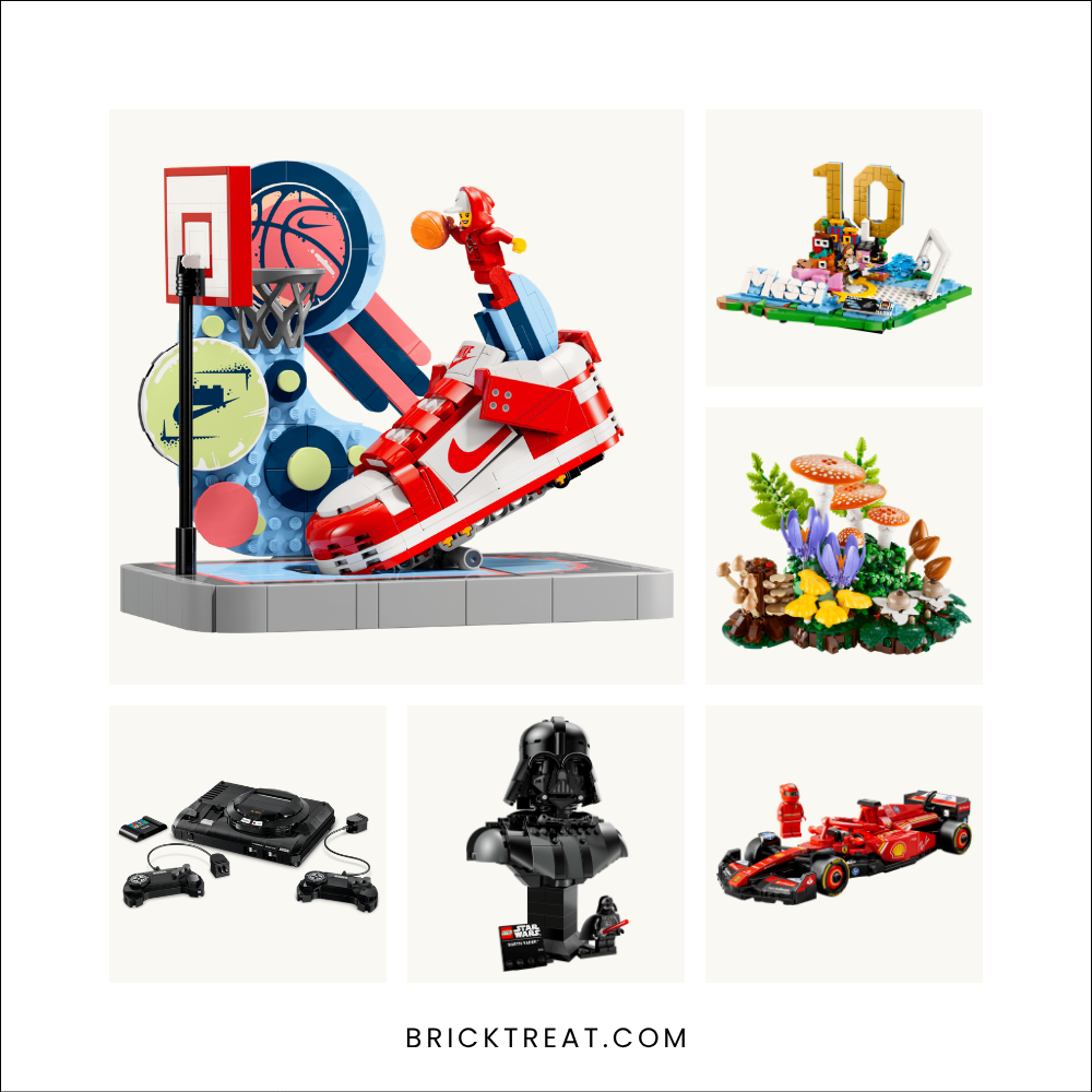 Six LEGO gift sets for him in one collage: Nike Dunk Trickshot, Lionel Messi Soccer Highlights, Woodland Mushrooms, SEGA Genesis Console, Darth Vader Bust and Ferrari SF-24 F1 Race Car
