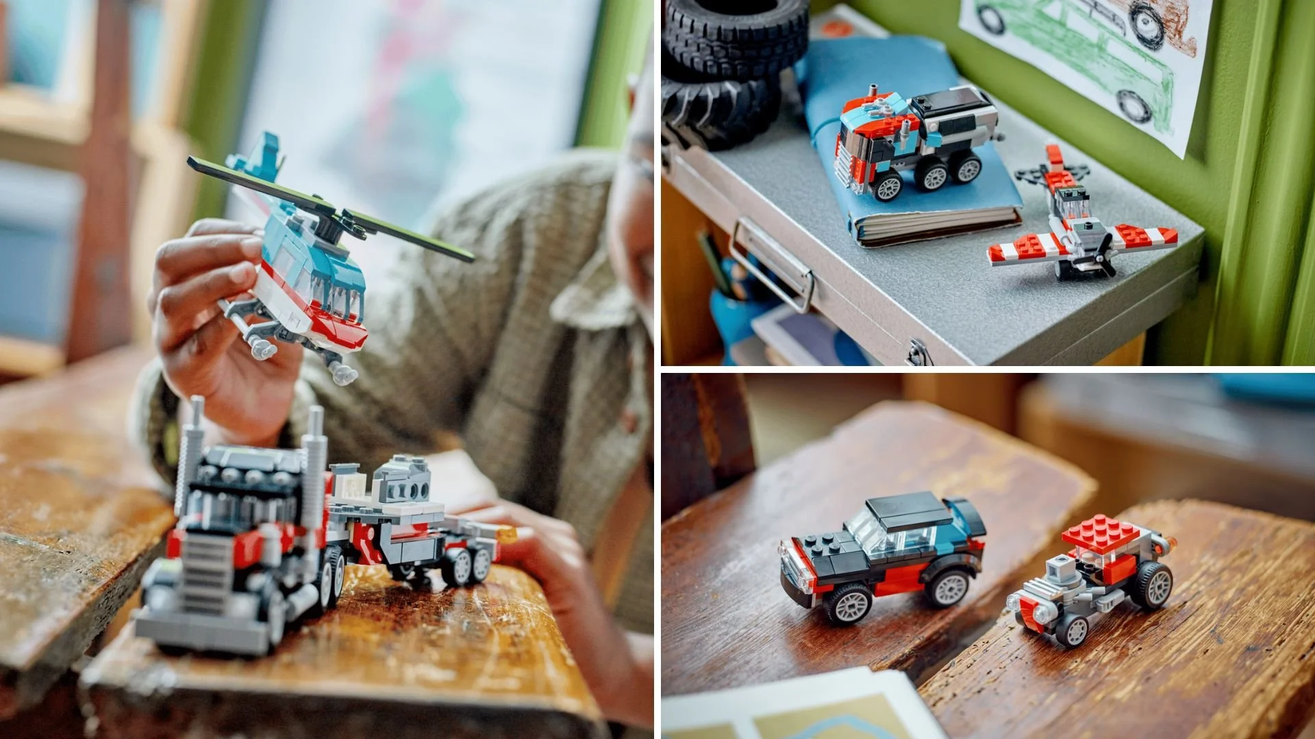 LEGO flatbed truck carrying a helicopter on a workbench, shown with its alternate builds: an off-road truck, a plane, an SUV and a hot rod