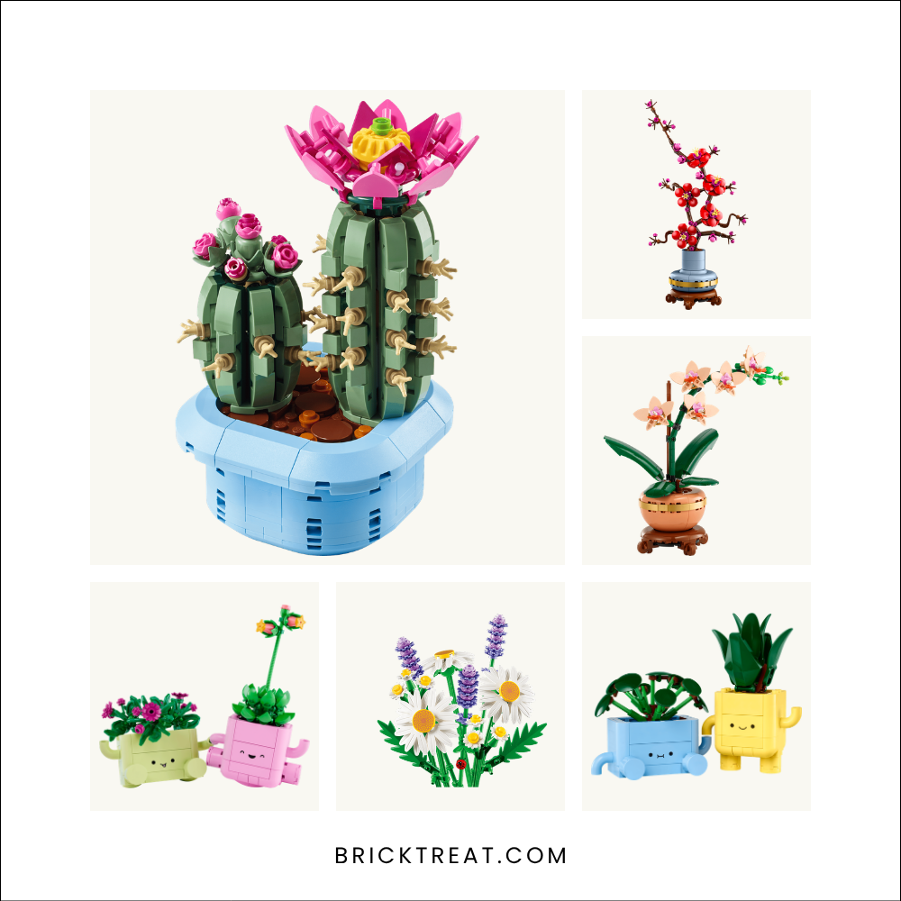 Six small LEGO plant sets: Flowering Cactus, Plum Blossom, Mini Orchid, Rocking Plants, Daisies and Happy Plants