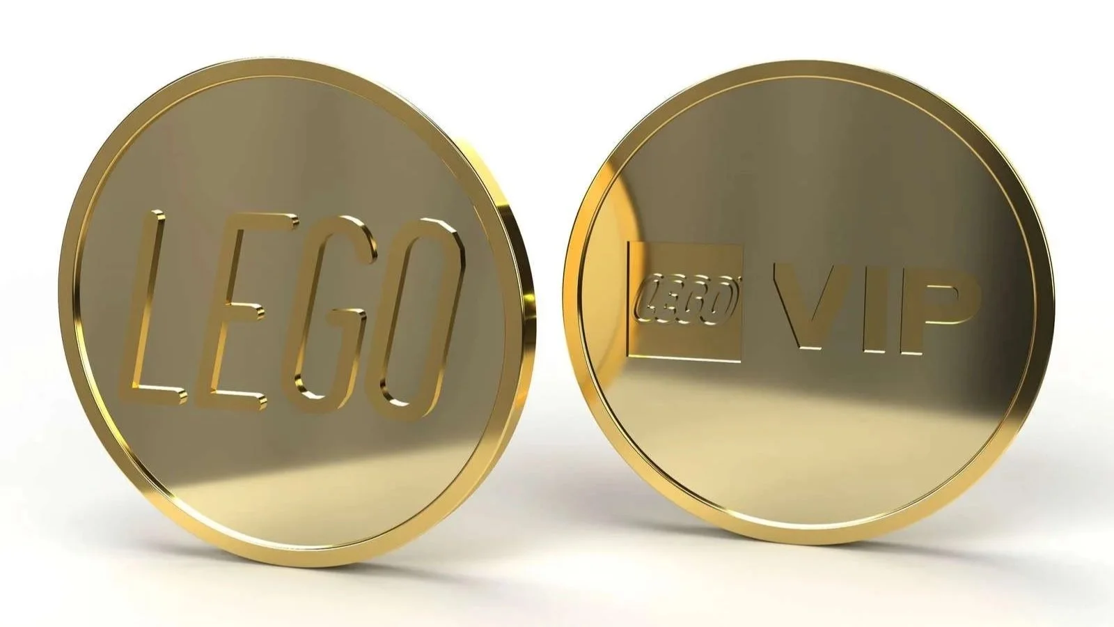 LEGO VIP gold coin shown from both sides, one embossed with the LEGO name and the other with the LEGO logo and VIP text