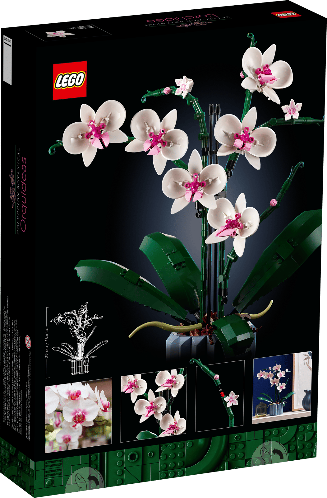 LEGO Orchid set box back with another angle of the plant, bloom close ups, and the finished build on a shelf