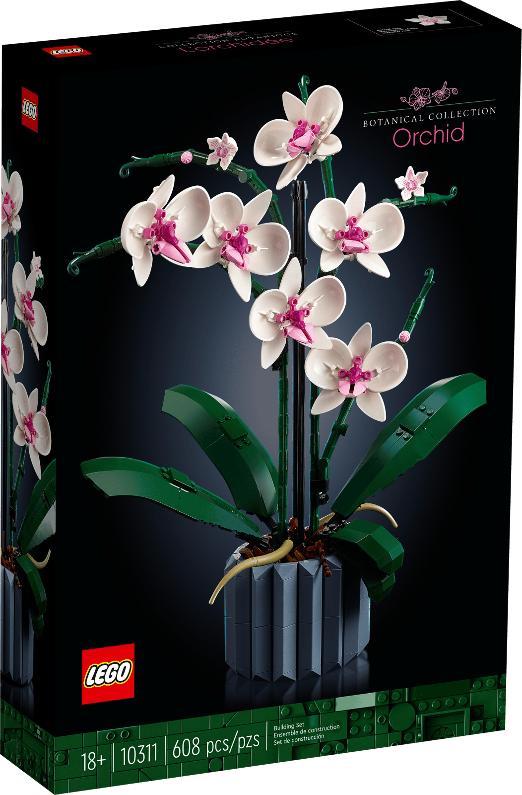 LEGO Orchid set box front featuring the finished white and pink orchid in a gray pot against a black background