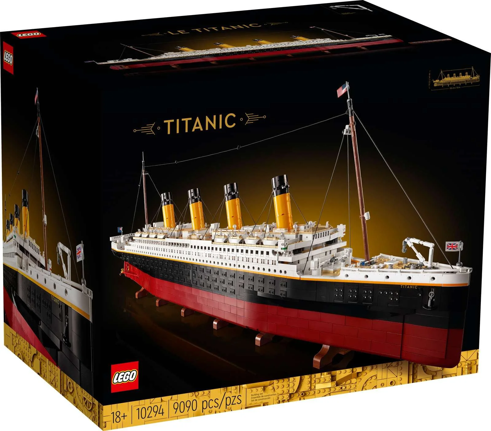 LEGO Titanic set box front featuring the finished ship with its black hull, red waterline, and four yellow funnels
