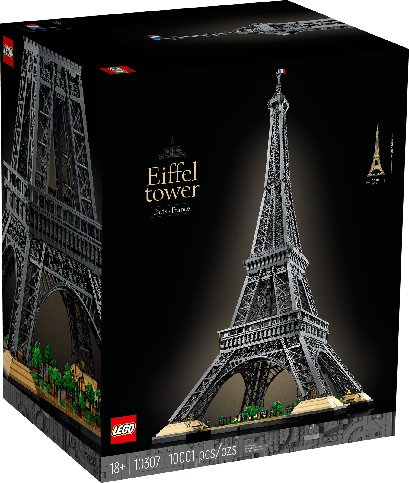 LEGO Eiffel Tower set box front showing the finished gray tower model with a French flag on top