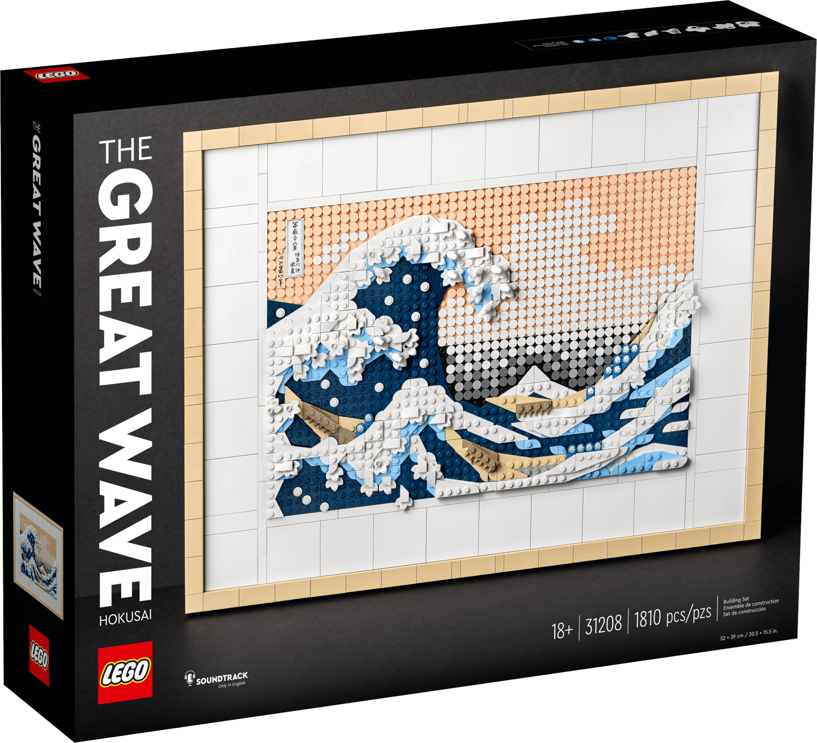LEGO Art Great Wave set box front showing the finished Hokusai wave mosaic in a light wood frame