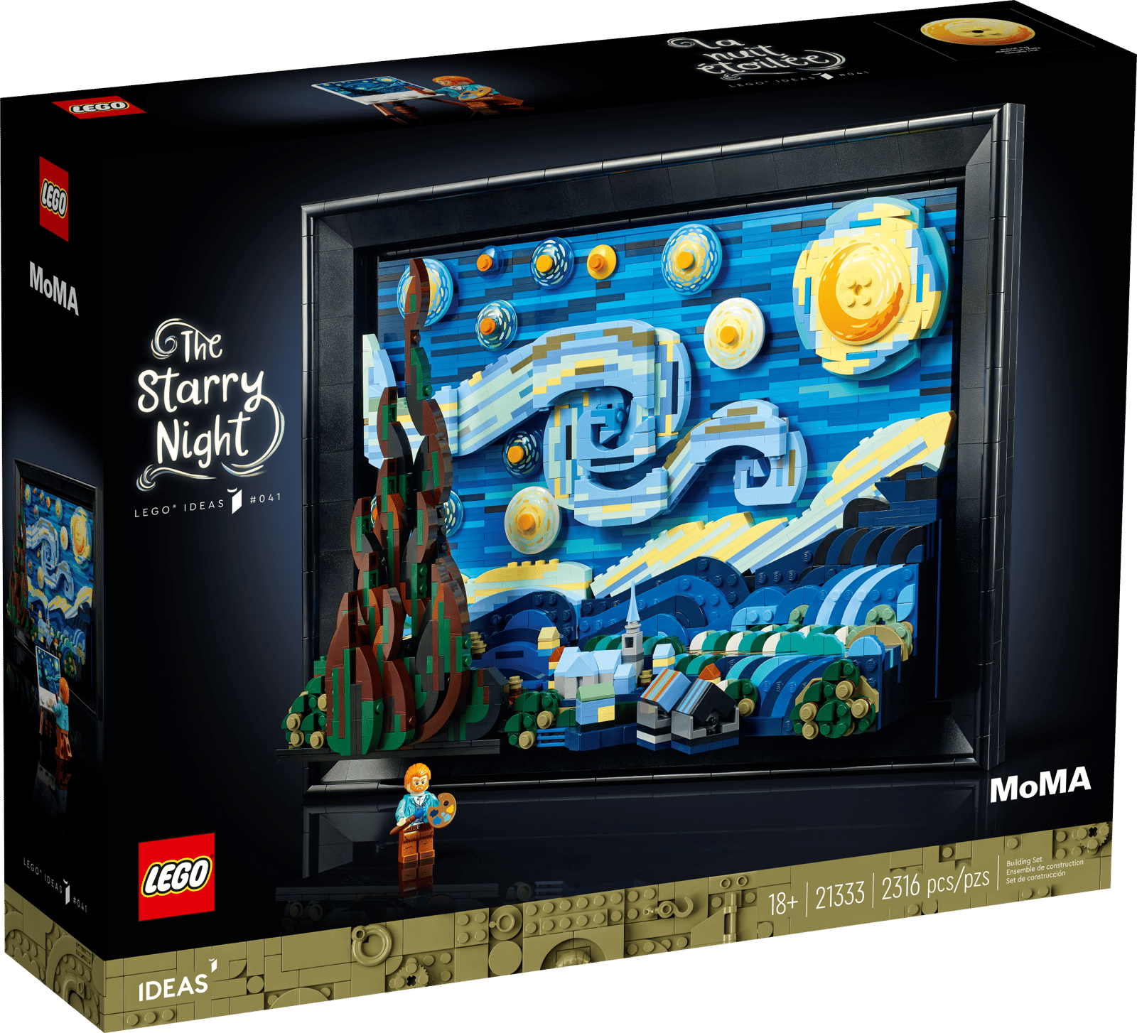 LEGO Ideas Starry Night set box front showing the finished van Gogh mosaic with a painter minifigure in front