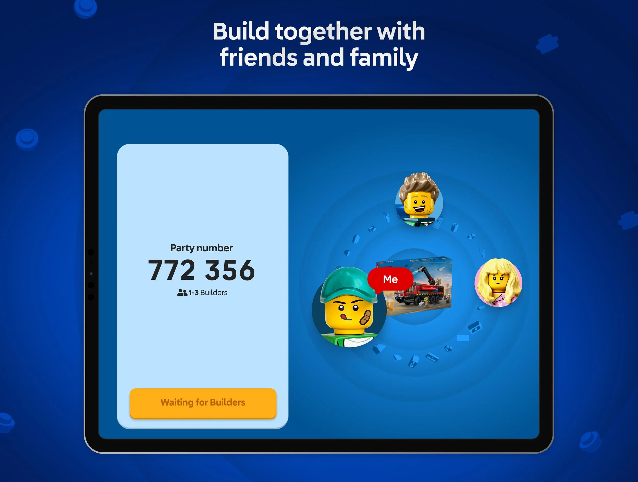 LEGO minifigure avatars gathered around a LEGO City fire truck set in a multiplayer building party screen