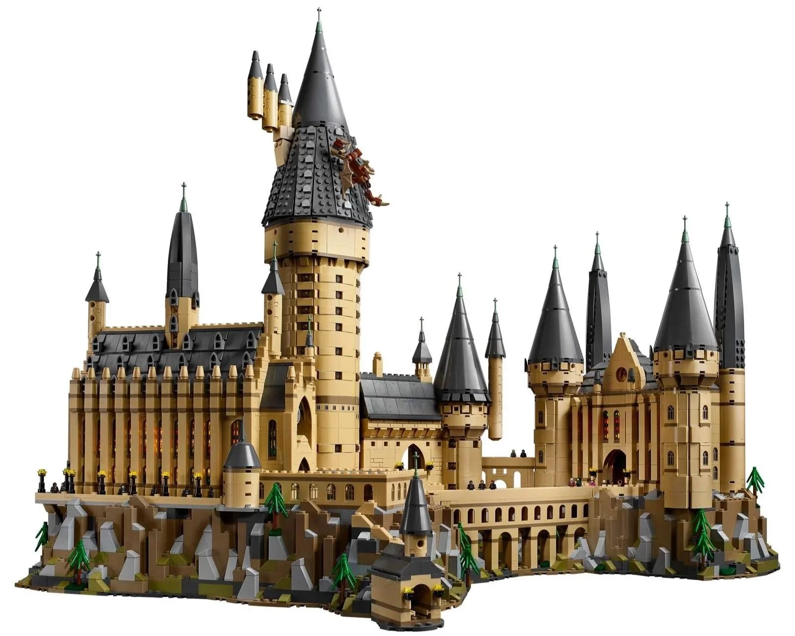 LEGO Hogwarts Castle set with towers, spires, and the Great Hall on a plain white background