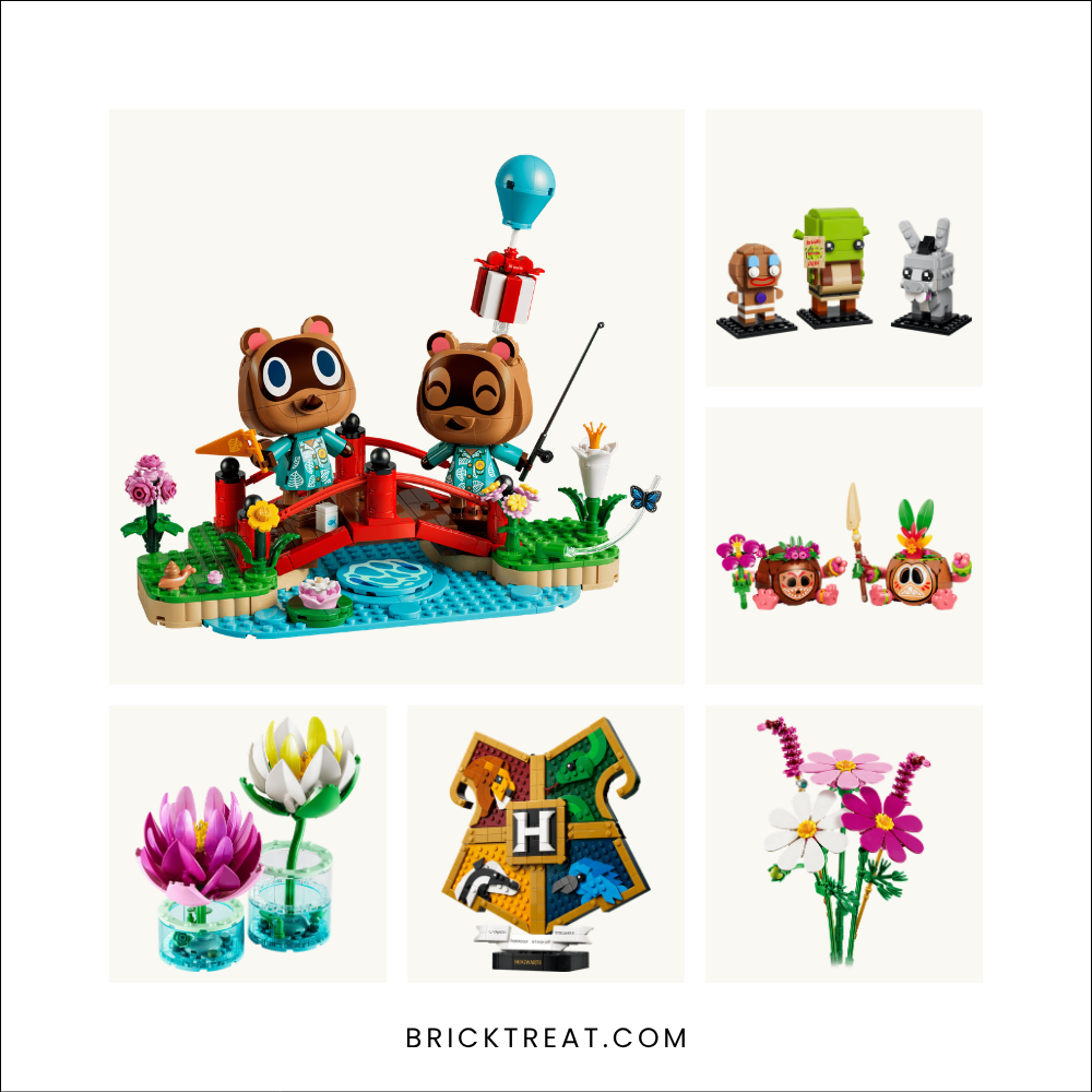 Six LEGO sets in one collage: Timmy and Tommy on a bridge, Shrek figures, two Kakamora, Water Lilies, a Hogwarts crest and Cosmos flowers