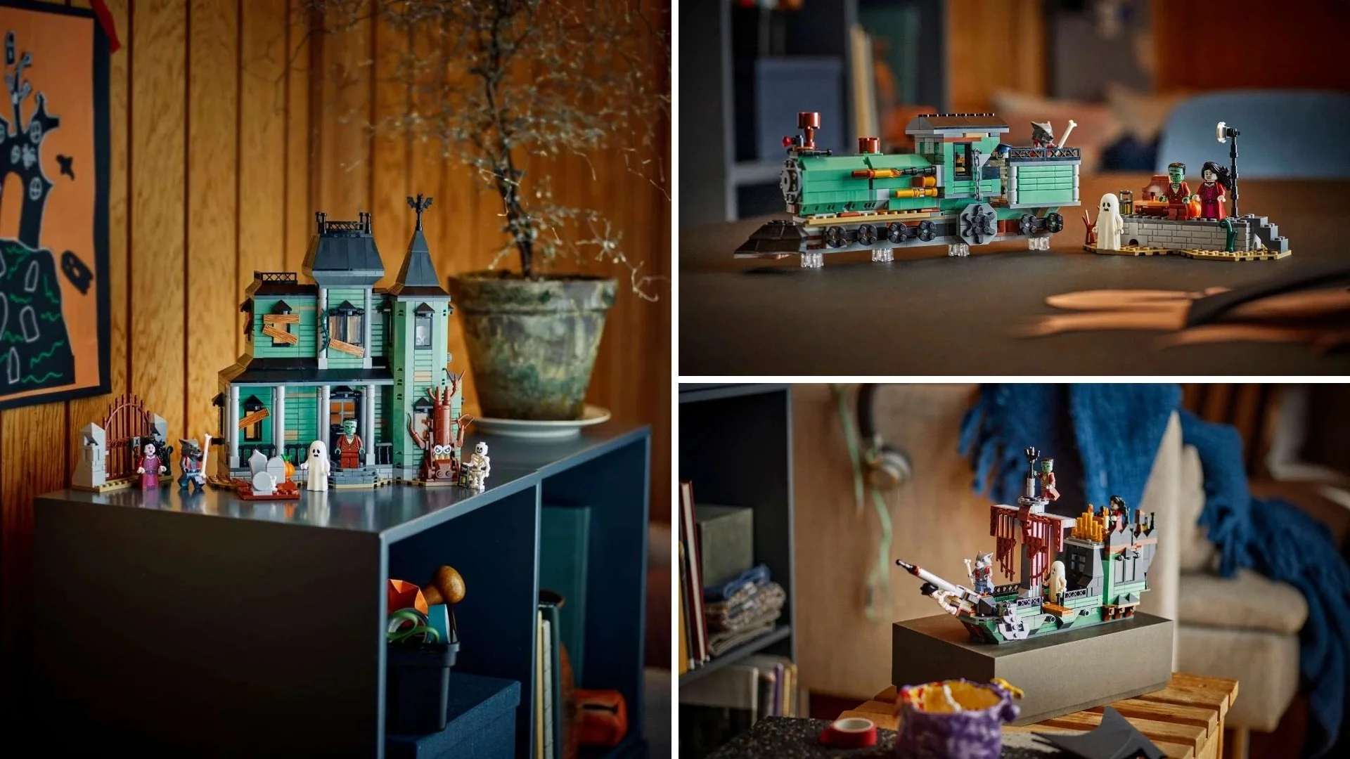 LEGO Haunted Mansion set in three scenes: a green haunted house, a steam train and a ghost ship, with classic monster minifigures