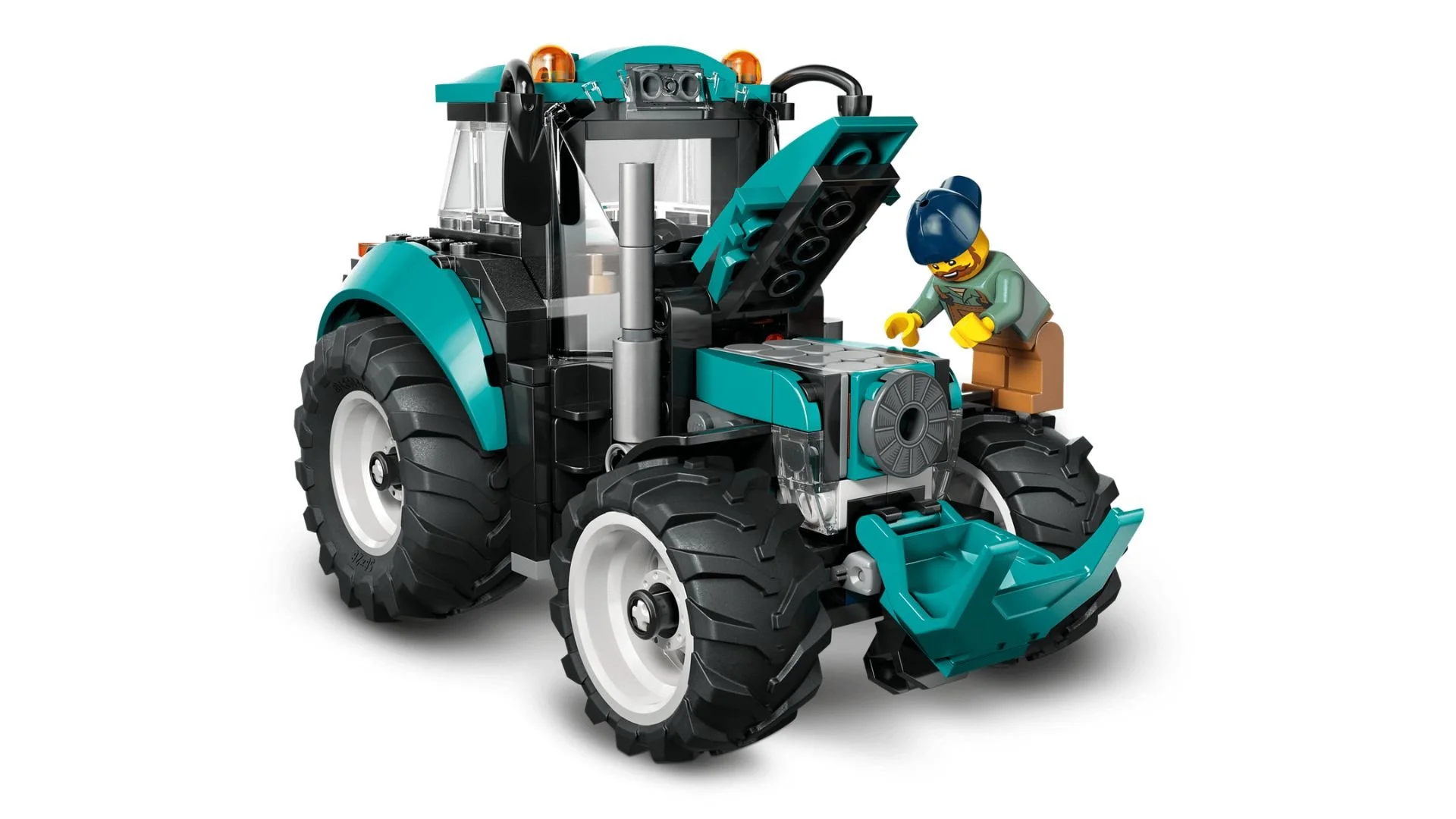 LEGO Tractor in teal and black with oversized tires and an open hood, with a bearded farmer figure leaning over the engine on a white background