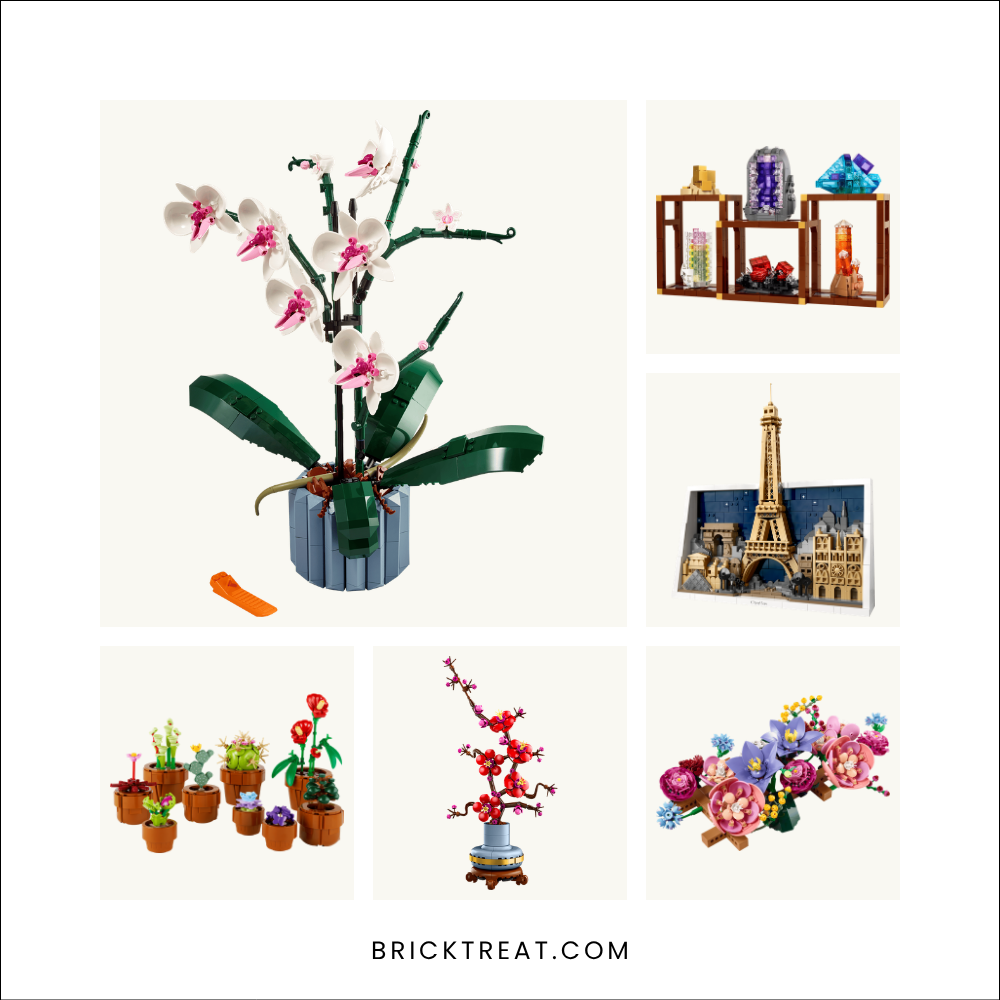 Six LEGO sets in one grid: an orchid, mineral display shelves, Paris skyline, miniature potted plants, plum blossom and a flower wall