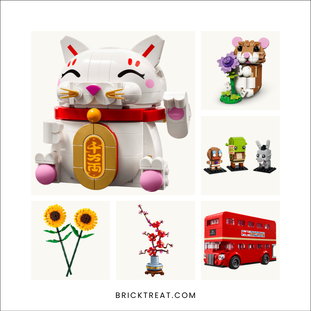 Collage of six LEGO sets: lucky cat, hamster with a flower, Shrek figures, sunflowers, plum blossom and London bus