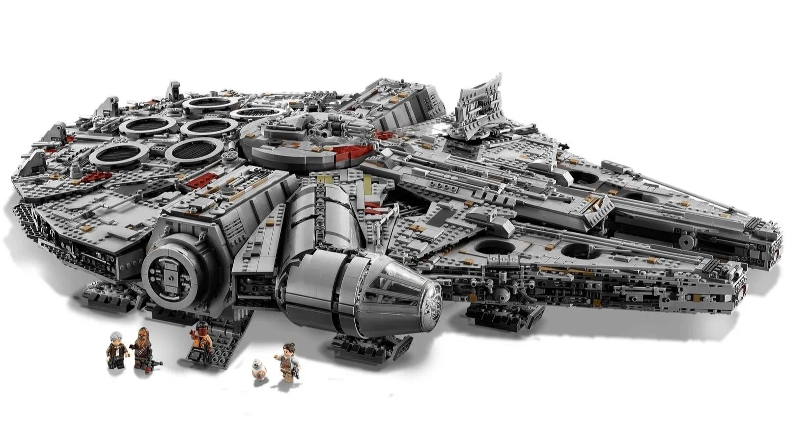 LEGO Star Wars Millennium Falcon with Rey, Finn, Han Solo, Chewbacca, and BB-8 minifigures on a white background
